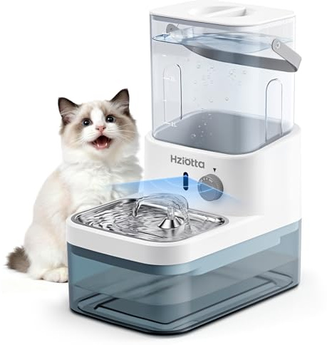 Fontanella per Gatti Senza Filtro Hziotta, 4000mAh 25+ Giorni, 3L Fresca & 2.7L di Scarico Separati, Ultra Silenziosa con Sensore Radar per Gatti e Cani