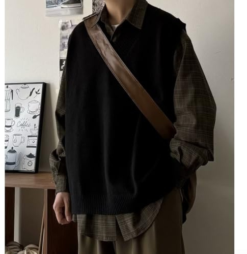 Men's Retro O-Neck Knitted Vest Oversize Loose Pullover Sleeveless Sweater Tops Casual Solid Waistcoat for Spring Fall Winter Daily Office Dating Black(L Black)