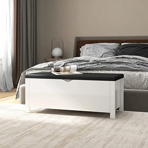 Augerlite sittbänk med förvaringsutrymme och kudde, högglans-vit av trämaterial, 105 x 40 x 45 cm, sittkista med lock för vardagsrum, sovrum och hall för ordning och förvaring