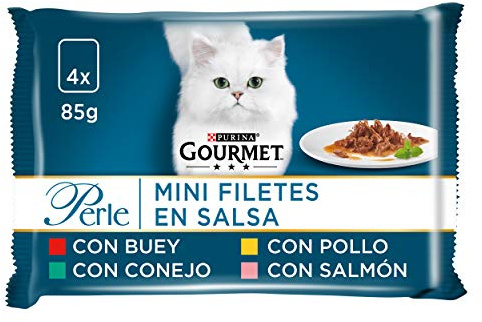 GOURMET Perle Mini Filetes en Salsa, Comida Húmeda para Gato Adulto, Trocitos en Salsa, Surtido de Buey, Pollo, Conejo y Salmón, 12 Packs de 4 Sobres de 85 g. (48 sobres)