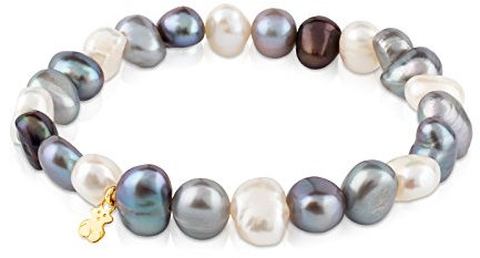 TOUS Pulsera de Perlas para Mujer con Oso en Oro Amarillo de 18kt, 17,5 cm de Largo, Elegante y Versátil, Colección Pearl