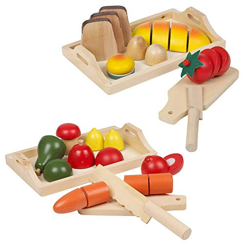 URBN-TOYS Large Set Of Wooden Fruit & Veg or Bread & Buns in Trays Pretend Play Food Cutting Toy (Fruit, Veg & Baked Goods)