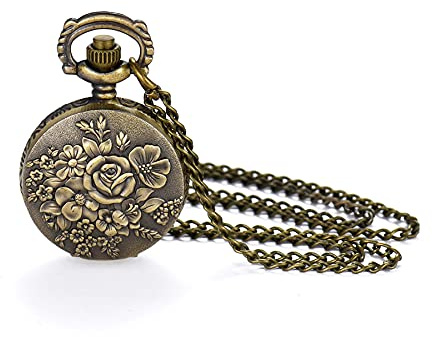 JewelryWe Montre de Poche à Quartz avec Chaîne - Montre de Poche Fleur en Relief Bronze Antique (Petit)