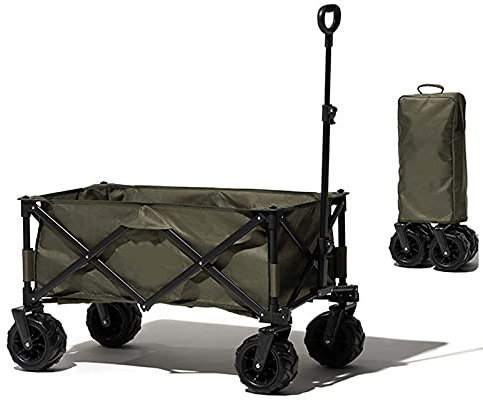 RONGJJ Bollerwagen Faltbar Strand, Faltbar Strandwagen Transportwagen Transportkarre Gerätewagen, Vollgummi-Reifen, Bis 80 Kg Tragkraft, Olive Green