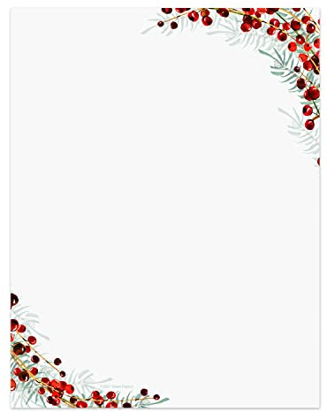 Pine And Berry Holiday Letterhead / 50 Sheets 8.5 x 11 Watercolor Winter Design/Bold And Modern Christmas Paper