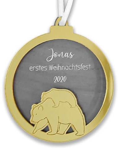 Personalisierte Weihnachtskugel mit Name - Mein erstes Weihnachten Kugel Baby Baumschmuck BÄR - Acryl-Glas (Gold)
