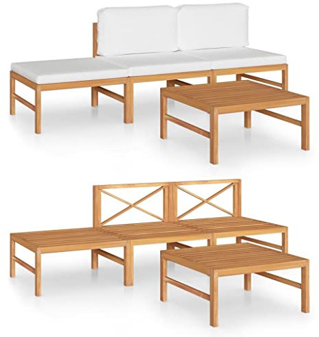 vidaXL Teak Massiv Gartenmöbel 4-TLG. mit Creme Kissen Mittelsofa Tisch Fußhocker Sofa Gartensofa Lounge Sitzgruppe Garten Garnitur Gartenset