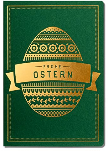 Art Nuvo EXKLUSIVE OSTERKARTEN – SATZ VON 10 MANUFAKTURKARTEN IN GRÜN 120x170mm, VERGOLDETE UND GEPRÄGTE OSTERMOTIVE HERGESTELLT AUS MATTEM SCHMUCKPAPIER, MIT BEIGEN EINLAGEN UND UMSCHLÄGEN, EE-0110B