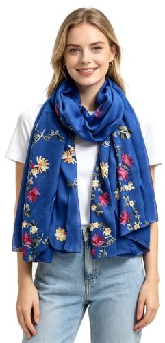 Lina & Lily broderad blommig tofs scarf sjal lätt, Kungsblå, 180cm x 90cm