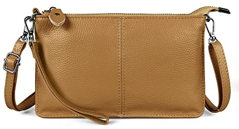befen Echtleder Damen Umhängetasche Klein Clutch RFID-Blockierung Handtasche Damen Leder Crossbody Bag mit Reißverschluss und Schultergurt & Handgelenkband,Neues Braun