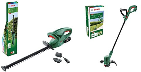 Bosch Akku Heckenschere EasyHedgeCut 18-45 (1 Akku 2,0 Ah, 18-Volt-System, Messerlänge 45 cm) & 06008C1C04 Bosch Rasentrimmer EasyGrassCut 18V-26 (ohne Akku, 18 Volt System, 26 cm), Klassisch grün