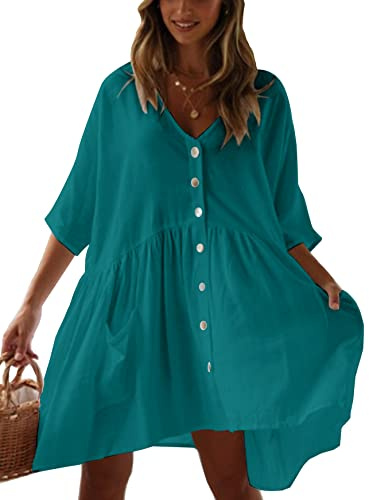 HYUET Copricostume da Bagno Donna Mare Elegante, Vestito Corto Estivo Abito da Spiaggia in Cotone Taglia Grande Tunica Kimono Sexy Beach Bikini Cover ups