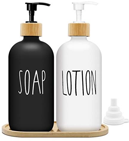 Mamiddle Seifenspender Schwarz und Weiss Matt Set 500ml Seifenspender Glas mit Tablett Spülmittelspender Shampoo Spender Soap Dispenser für Küche und Dusche(Weiß + Schwarz)