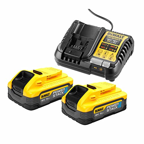 DEWALT Kit 2 Baterías compactas XR 18V POWERSTACK Li-Ion 5Ah y cargador pour pros et bricoleurs, fixation fiable, norme technique