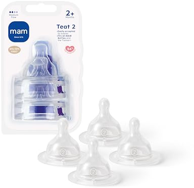 MAM Sauger Größe 2, mittlerer Durchfluss, 4 Stück | Geeignet ab 2+ Monaten, passend für alle MAM Flaschen, aus SkinSoft Silikon, Babyzubehör für Neugeborene