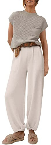 Sommer Set Damen Outfit - Zweiteiliger T Shirt Damen Pumphose Damen Set Hose und Oberteil Hosenanzug 2 Teiler Kurzarm Gerippte Strick Top Stehkragen mit Brusttasche Haremshose Hosen Sets für Frauen