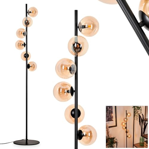 Stehleuchte Remaisnil, Stehlampe aus Metall/Glas in Schwarz/Bernsteinfarben, Standlampe im Retro/Vintage-Design mit Schirmen aus Glas (Ø 12 cm) u. Fußsschalter, Höhe 160cm, 6 x G9, ohne Leuchtmittel
