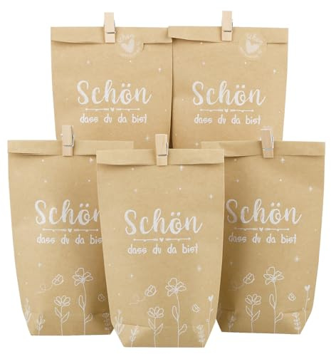 BOFUNX Geschenktüten Set - Schön Dass Du Da Bist, Kraftpapiertüten mit Holzklämmern und Aufklebern für Einschulung, Hochzeit, Geburtstag, Taufe, Konfirmation, Kommunion