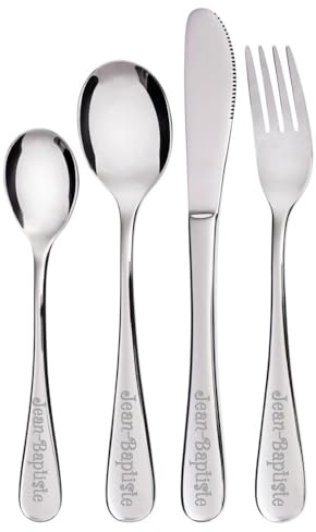 Ocadeau Coffret de 4 couverts enfants personnalisables – Gravure texte ou prénom sur le coffret couvert pour enfant – Couverts originaux enfants personnalisés