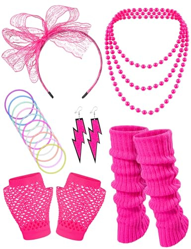 Missanabie 80S Fancy Dress Costume Accessories Headband Errings Fishnet Gloves Necklace Bracelt Leg Warmers Party Outfit Set(PK)