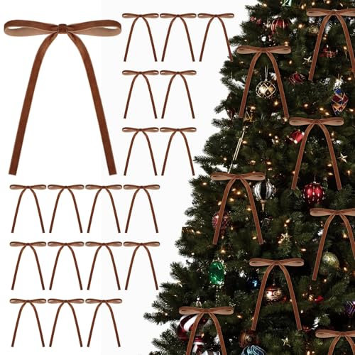 KKSTY 30Pcs Christmas Velvet Bows, Vintage Style Velvet Ribbon Bows for Christmas Tree, Gift Wrapping, Wreaths, Garlands, Wedding, Party, Home Decor,5x7 Inches (Coffee)