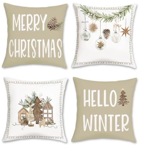Bonhause Fundas Cojines Navidad Invierno 45 x 45 cm Funda de Almohada Caqui Árboles Bolas de Navidad Hojas de Pino Cojines Decorativos para Sofá Cama Hogar Invierno Juego de 4