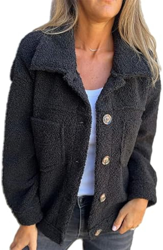 Veste Courte à Revers Chaude pour Femme, Cardigan Ouvert sur Le Devant, Manteau Boutonné Décontracté, Veste Polaire à Manches Longues pour Femme, Col à Revers Décontracté (Noir,L)