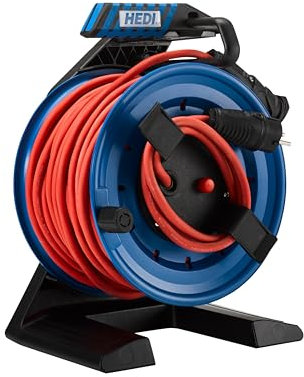 HEDI Vollkunststoff-Gerätekabeltrommel Generation 7 Companion (Kabeltrommel-ø 250 mm, 40 m Neopren-Gummi Leitung in rot, 1,5 m Anschlussleitung mit Schuko-Stecker) G7A40NTF010
