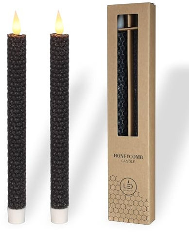 comforder Echtwachs LED Stabkerzen, Bienenwaben Optik, 2er Set (Schwarz) | Flackernde Flamme, Timerfunktion, batteriebetrieben mit 2x AAA (nicht enthalten), realistisches Kerzenlicht