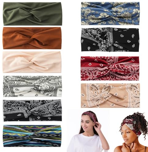 10PCS Boho Headbands, Stretchy Sport Headwraps, Bohemian Elastic Headband, Knot Head Wrap, Wide Twisted Hairband for Women Girls Hairbands