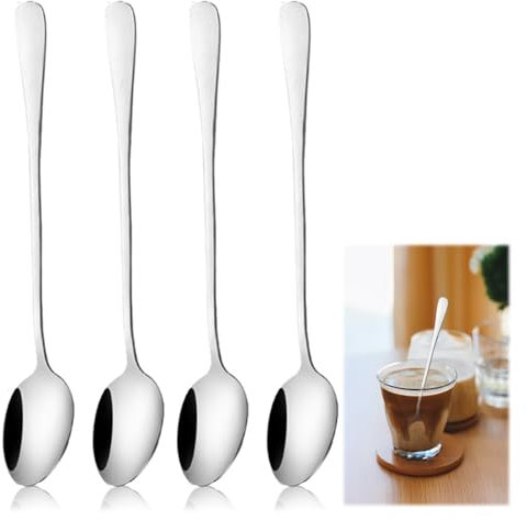 4PCS Stainless Steel Latte Spoon, Long Handle Ice Cream Sundae Spoon, Coffee Long Spoon, Suitable for Latte, Cocktail, Milkshake, Cake(Silver)