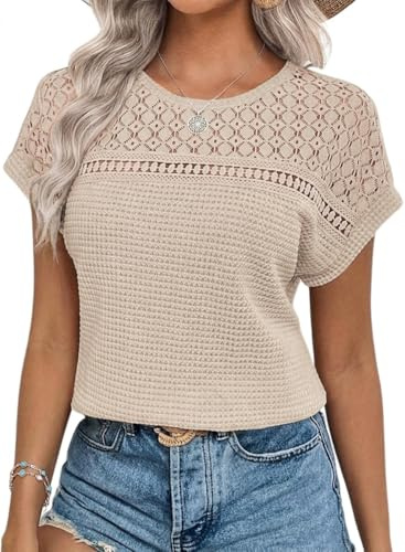 Chicrise Bluse Damen Elegant Kurzarm Spitzen Oberteile Häkel Rundhals Tshirt Sommer Khaki XL Groß 46-48