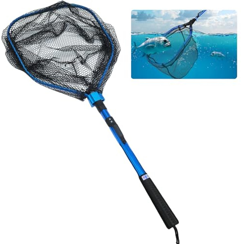 Fishing Net Rubber Coated Mesh Fly Trout Salmon Carp Coarse Sea Landing Folding Angling Soft Folding Foldable Clip Pole Pond Carp Bass Lightweight Hand River 84cm
