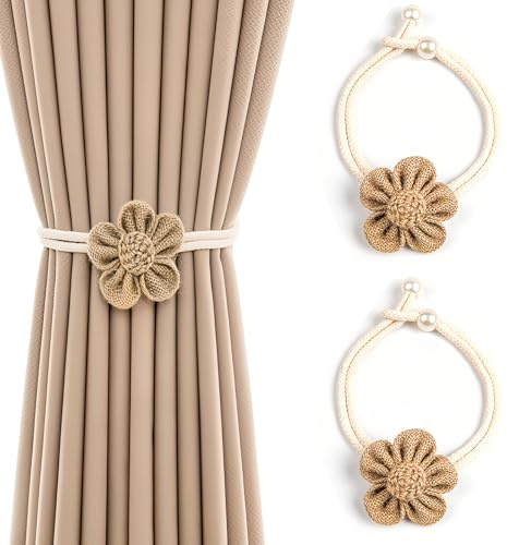 2 Stück Gardinen Raffhalter, Verstellbare Blumen Design Vorhang Halter, Gardinenraffer aus Baumwolle mit sicheren Safety-Pins, für Schlafzimmer, Wohn- & Badezimmer (Khaki)