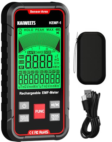 KAIWEETS EMF Meter, EMF Radiation Detector Simultaneously Displays EF/MF/RF Data, LED Display, Type-C Charging Port, Portable for Home, Office, and Outdoor Use