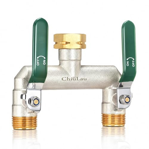 ChiuLau 2-Wege Wasserverteiler 3/4 Zoll, Garten Wasserhahn Verteiler aus vernickeltem Messing, hoher Durchfluss, Langer Metallgriff, für Gartenschlauch & Bewässerungscomputer