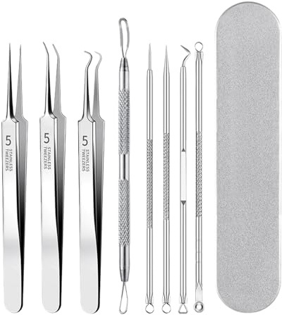 Arvoni 8 Pièces Tire Comedon Point Noir, Extracteur Point Noir en Acier Inoxydable, Tire Comédons Pince Professionnels pour Enlever Boutons, Acnés, Boutons, Blackhead Remover Set avec Étui