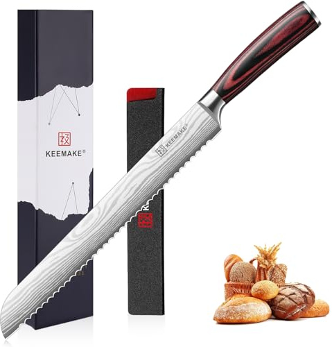 KEEMAKE Couteau Cuisine a Pain 25,4 cm, Couteau de Cuisine à Pain Professionnel avec Fourreau de Lame, Couteaux en Acier Inoxydable pour Baguette Boulangerie