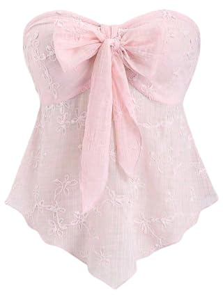 SOLY HUX Women's Bow Tie Front Tube Tops Strapless Sleeveless Bandeau Asymmetric Flowy Summer Top Plain Pink Small