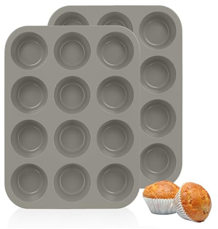 PopsNJoy Set of 2 Silicone Muffin Trays, 12 Cup Large Deep Muffin Pan Non-Stick, Cupcake & Yorkshire Pudding Baking Moulds, Oven Safe -40°C to 230°C, Dishwasher Safe, Food Grade Silicone (33x25x3cm)