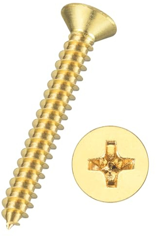 Kozelo 32pcs Phillips Flat Head Wood Screws - [#6x1] Brass Countersunk Self Tapping Screws for Furniture Assembly, Interior Trim, Outdoor Construction, Brass