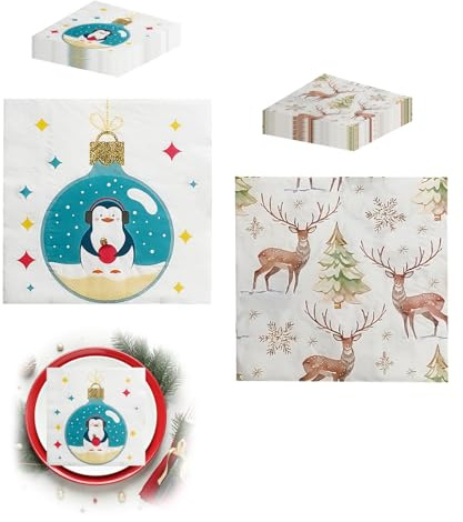EUYKQNOI Serviettes de Noël 40 Pièces – Décoration de Noël Élégante avec Motifs Festifs, Papier de Qualité 3 Plis pour Table de Fêtes et Réveillon Familial