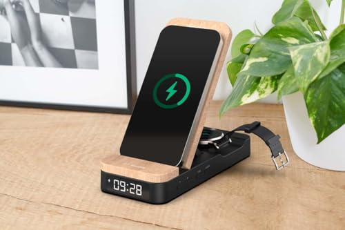THOMSON Réveil Chargeur Induction 3 en 1 sans Fil 15W, Station de Charge Rapide pour iPhone/Android, Samsung et Apple Watch, Réveil Matin, Support Pliable et Port USB-C. pour Bureau ou Chevet - C850i
