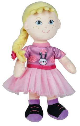 Happy People Schlenkerpuppe Anna, ca. 25 cm groß, Stoffpuppe mit blondem Zopf und Pony, Rosa Tüllrock und Shirt mit Hasen-Print, mit gestickten Augen, Nase, Mund, Handwäsche, ab 0 Monate+