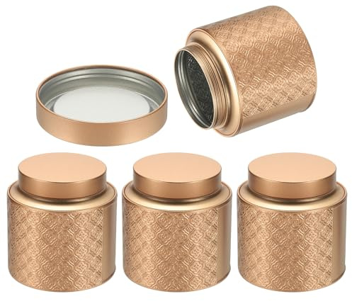 Uxcell 4 Pcs Tea Tin Canister, 4.13 x 5.71 Round Tin Can with Lids Large Metal Loose Tea Storage for Storing Cookies Candies Coffee Gifts Candles DIY Travel Storage, Gold Tone