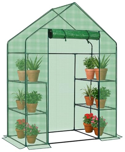 LEADZM Gewächshaus mit UV-beständiger PE-Gitterfolie，4 Metallablagegittern, Sturm-Winterfest, Schutz vor Kälte,Frost, Anzucht für Tomaten & Pflanzen, Balkon Garten (Grün, 142 x 74 x 196 cm)