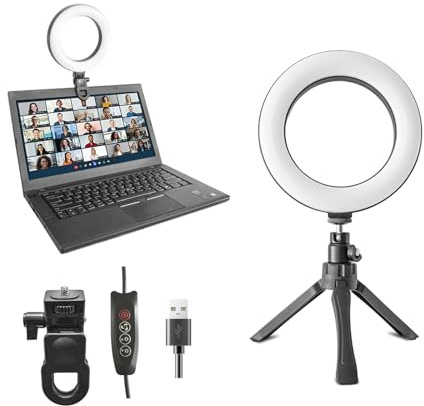 SHSY LVSEZM 6 Ring Light Video Conference Kit, 5-Color 10-Brightness Clip-On Light with Stable Ring-Light Clamp & 5 Tripod, Desk/Zoom/TikTok, Makeup Light, Selfie Light