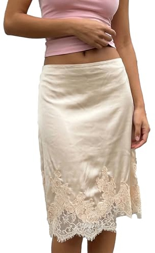 Anuedgis Women's Elegant Lace Satin Midi Skirt High Waist Flowy A-Line Silky Half Slip Skirt for Going Out Streetwear