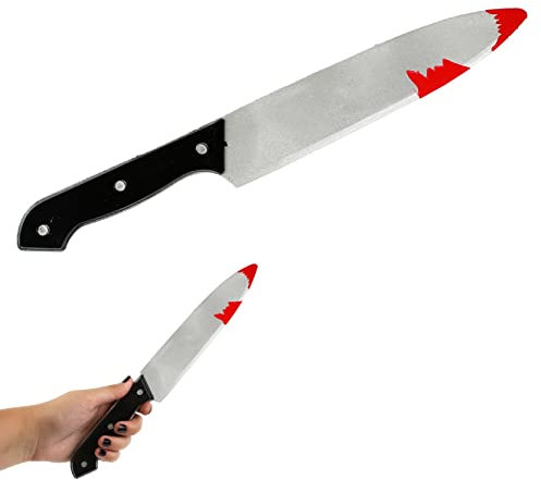 Halloween Knife Prop - 30cm Long Fake Bloody Knife with Black Handle - Slasher Fancy Dress Prop