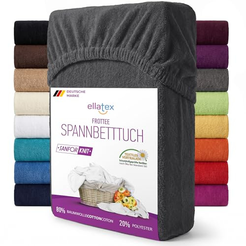 EllaTex Frottee Spannbettlaken 120x200–130x200 – 200 g/m², warm & weich, Spannbetttuch mit Rundumgummizug, Farbe: Anthrazit-Grau